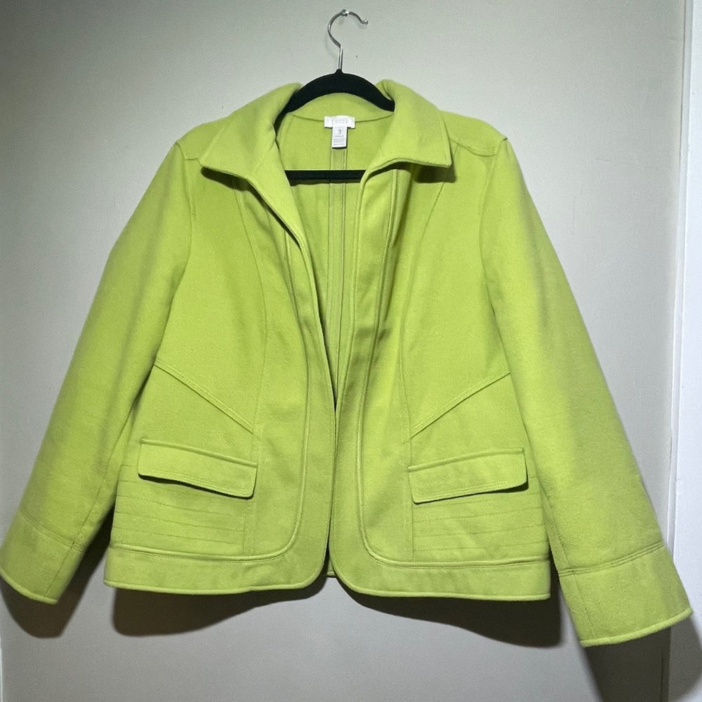 CHICO'S Size 3 Plus(US XL) Blazer Green Linen Poly Rayon Blend Open Front Jacket